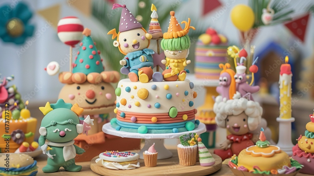 Festive clay birthday party scene, joyful characters and decorations, cake centerpiece Festive clay birthday party scene, joyful characters and decorations, cake centerpiece