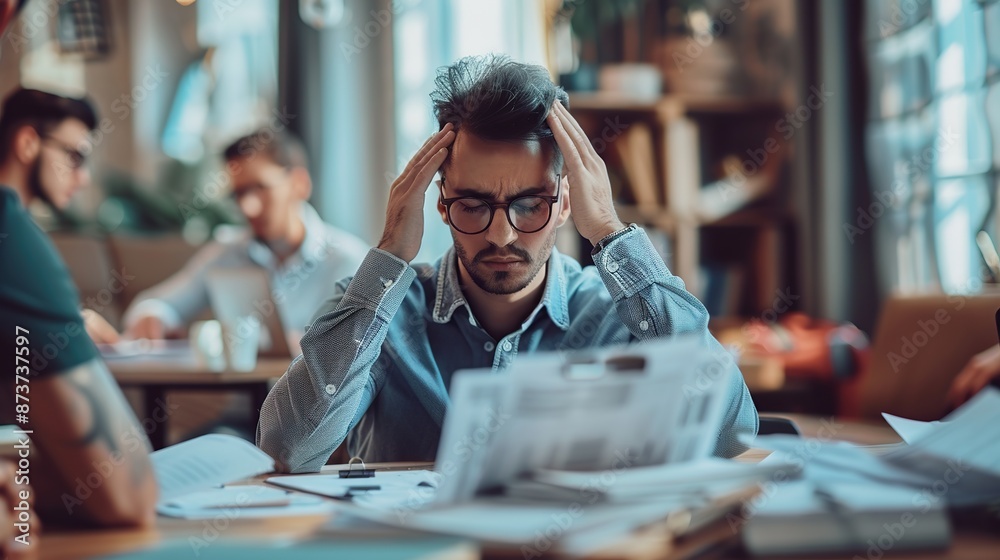 Young man in shirt and glasses sitting at office table, holding his head, and ignoring colleagues giving him lots of business paperwork. Young man in shirt and glasses sitting at office table, holding his head, and ignoring colleagues giving him lots of business paperwork.