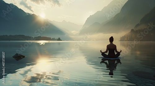 Serene Meditation Silhouette Against Misty Mountain Lake Landscape