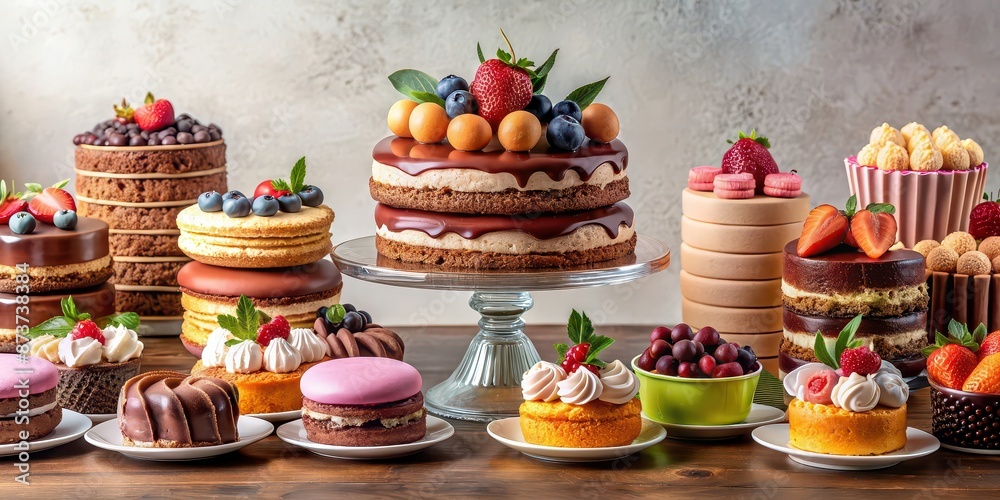 Lavish dessert spread featuring a towering chocolate cake, pastel macarons Lavish dessert spread featuring a towering chocolate cake, pastel macarons