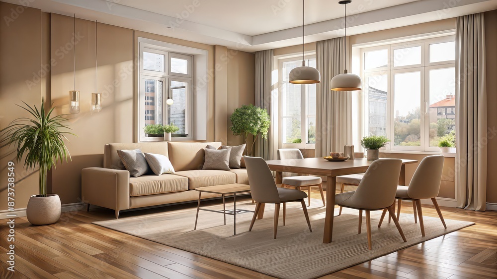 Beige living room interior with dining table, cozy seating area, and large window , beige, home, living room Beige living room interior with dining table, cozy seating area, and large window , beige, home, living room