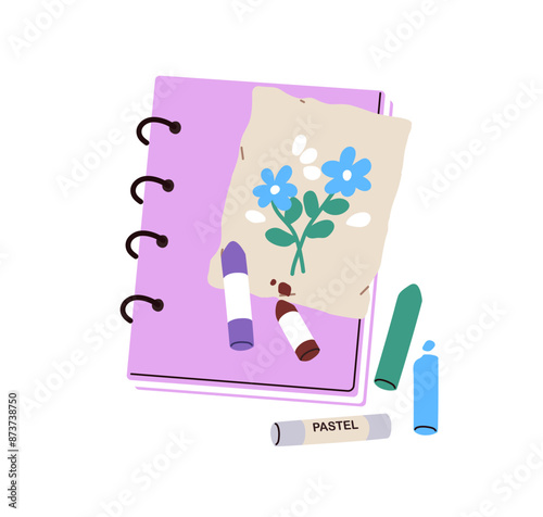 Drawing on paper, sketchbook and art tools. Pastel sticks, pencils, notebook, notepad. Flower painting and artisitc accessories, top view. Flat vector illustration isolated on white background
