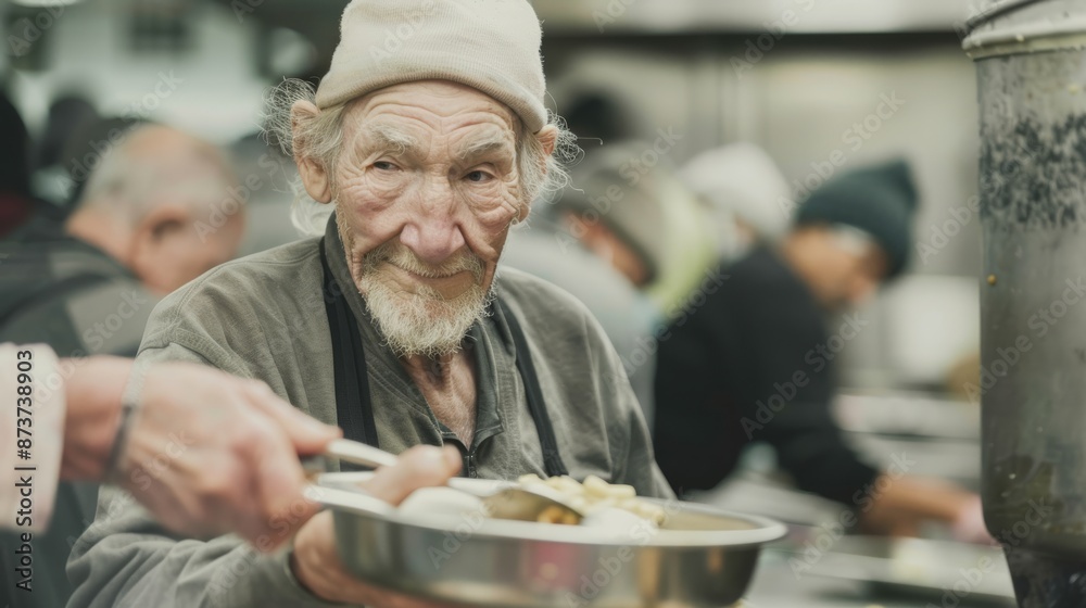 A poignant image of a volunteer handing out meals at a community kitchen the gratitude and hope evident in the faces of the people being served highlighting the compassion and humanity in addressing s A poignant image of a volunteer handing out meals at a community kitchen the gratitude and hope evident in the faces of the people being served highlighting the compassion and humanity in addressing s
