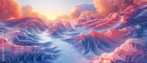 Stunning surreal mountain landscape with vibrant pastel hues, ethereal light, and captivating cloud formations at sunrise. © nattapon98