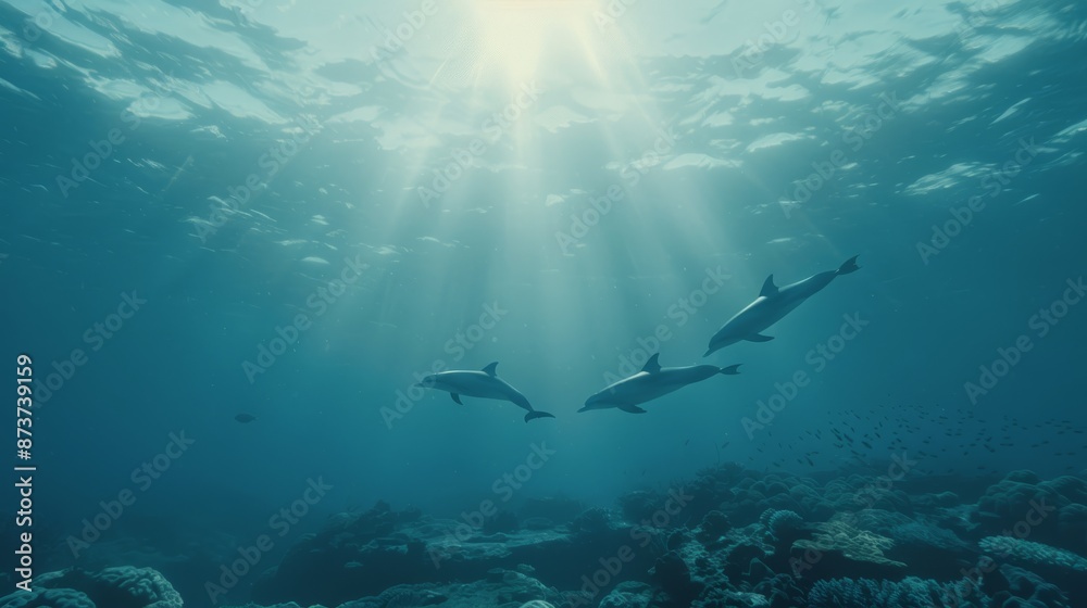 Fototapeta premium A magical underwater coral reef teeming with vibrant marine life where a group of dolphins playfully swim around a mysterious sunken ship the sunlight filtering through the crystalclear water above