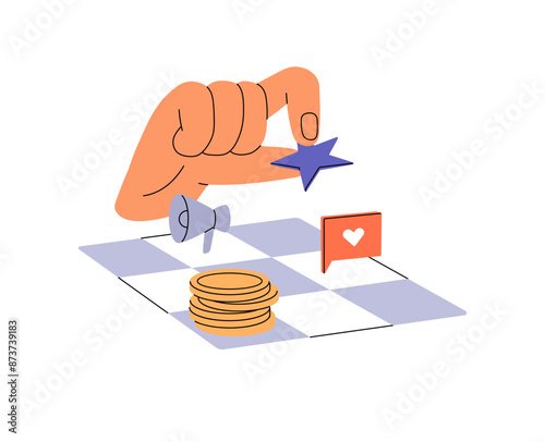 Business strategy of promotion in social media, networks concept. Internet marketing, ads campaign. Service with SEO promo of digital commerce. Flat isolated vector illustration on white background