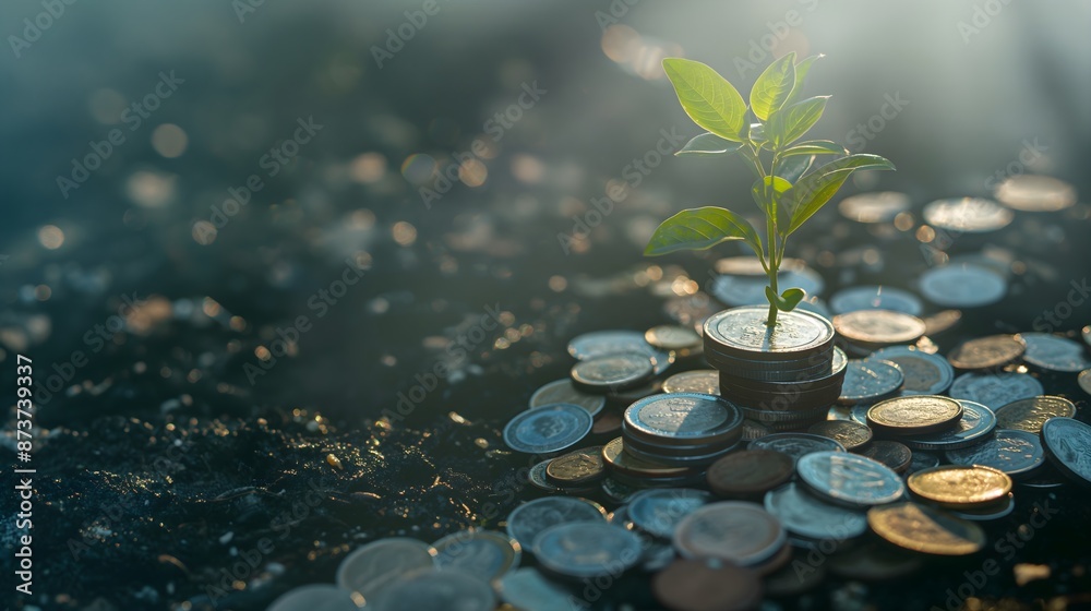 A plant is growing on top of a pile of coins. The coins are scattered ...
