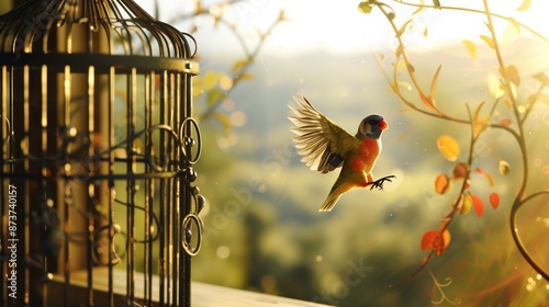 A beautifully detailed image of a bird taking its first flight from an open cage. 