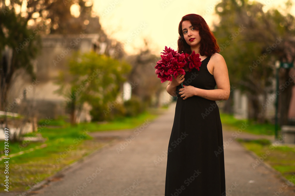 Fototapeta premium Beautiful woman with long black dress, holding bouquet of red flowers, in a cemetery, sad and melancholic look. in an outdoor forest. Halloween party and celebration.