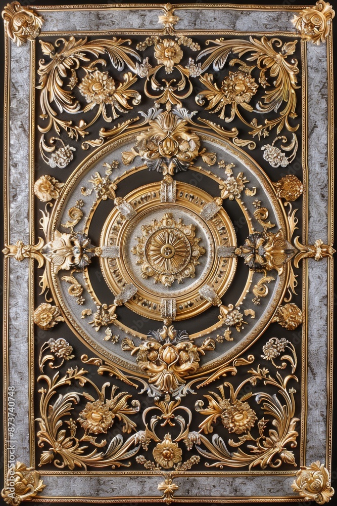 Obraz premium Baroque Classical Abstract Marble Framed Ceiling Art with Ornate Border. Luxury Lavish Decor Victorian Elements with Seamless Pattern Background Texture