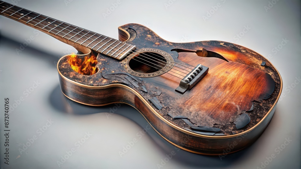 A burnt guitar with melted and carbonized surface, burnt, guitar, instrument, music, damage, destruction, fire, heat, charred A burnt guitar with melted and carbonized surface, burnt, guitar, instrument, music, damage, destruction, fire, heat, charred