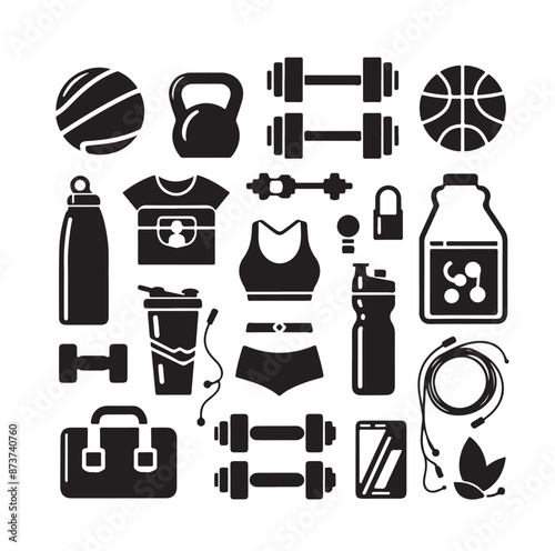 fitness icon set. workout or exercise equipment icons. Solid icons vector collection.