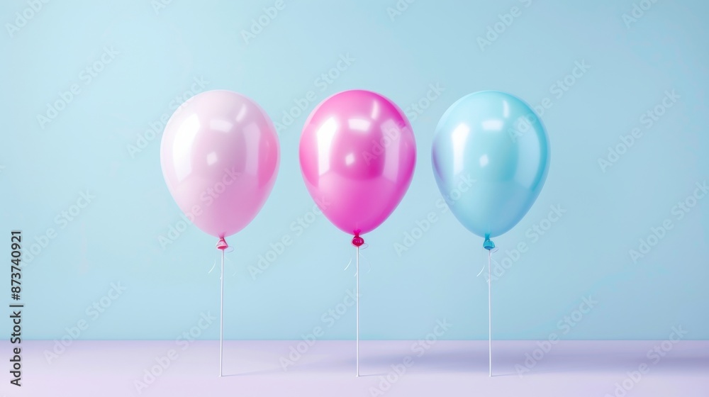 Three colorful balloons, pink, red, and blue, float against a pastel backdrop. Ideal for festive or celebration-themed designs. Three colorful balloons, pink, red, and blue, float against a pastel backdrop. Ideal for festive or celebration-themed designs.