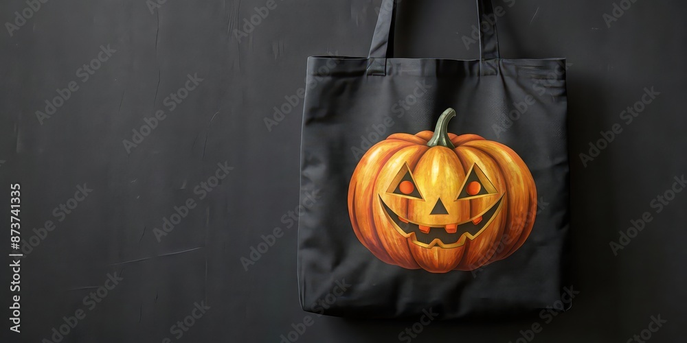 Black canvas tote bag with a Halloween pumpkin design perfect for spooky season, tote bag, black, canvas, naturel, Halloween Black canvas tote bag with a Halloween pumpkin design perfect for spooky season, tote bag, black, canvas, naturel, Halloween