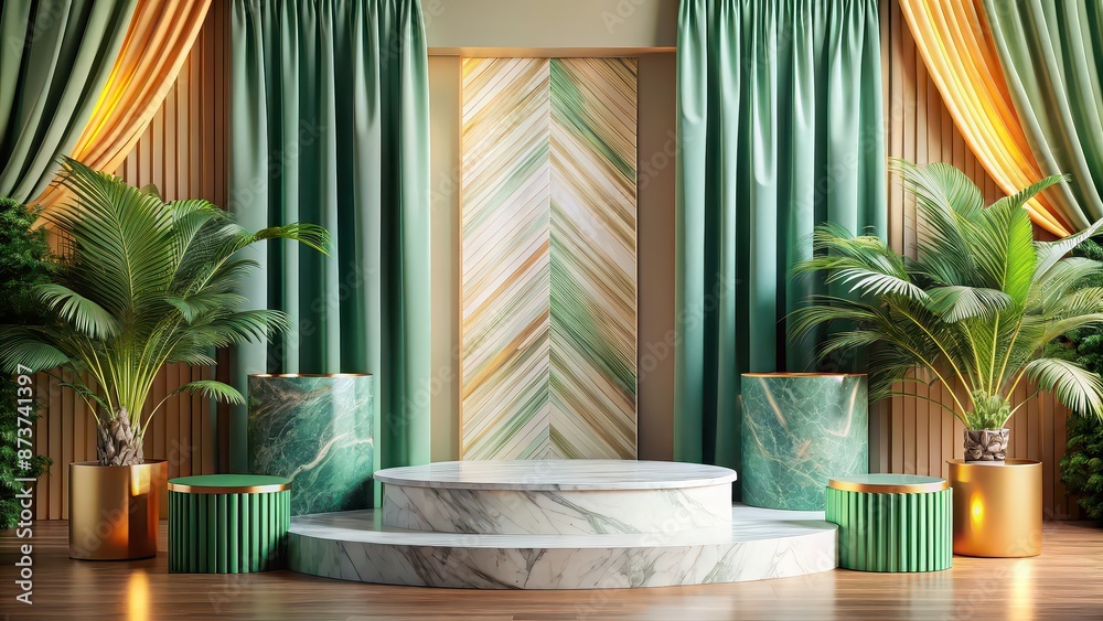Luxurious tropical marble podium with geometric shapes and colourful curtains for product showcase, luxury, tropical