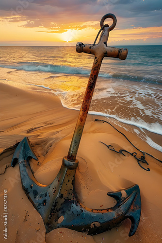 Weathered Anchor on Sandy Beach at Sunset - Symbol of Maritime History and Endless Ocean Adventures photo