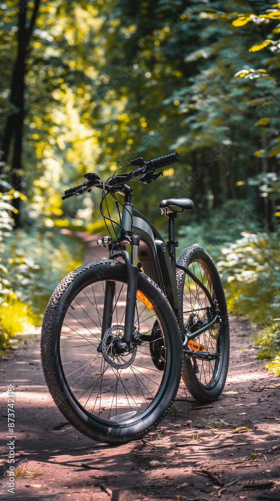 Fototapeta premium Modern electric bike in a serene forest path