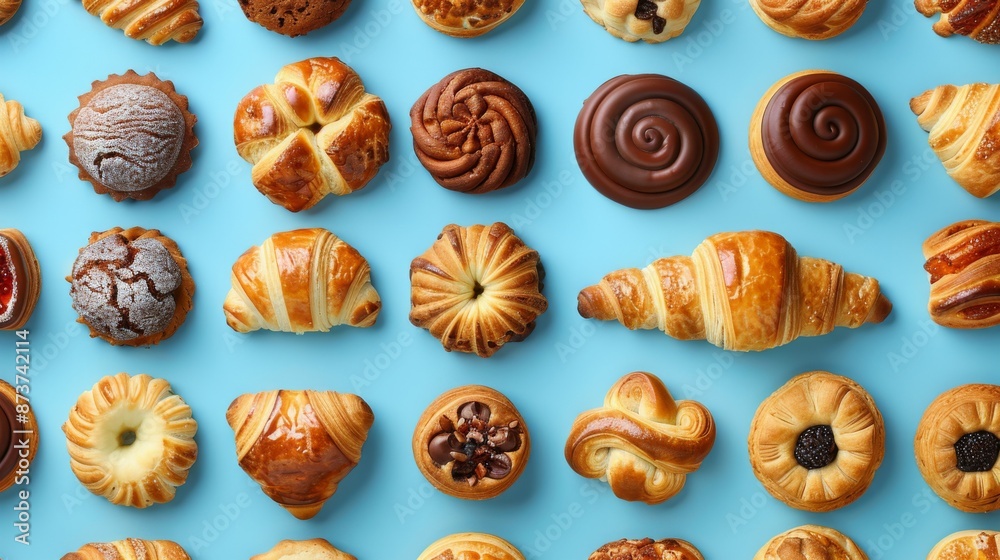 Group of assorted pastries isolated on blue background. Pastry, cakes, buns, biscuits, sweets.
Group of assorted pastries isolated on blue background. Pastry, cakes, buns, biscuits, sweets.