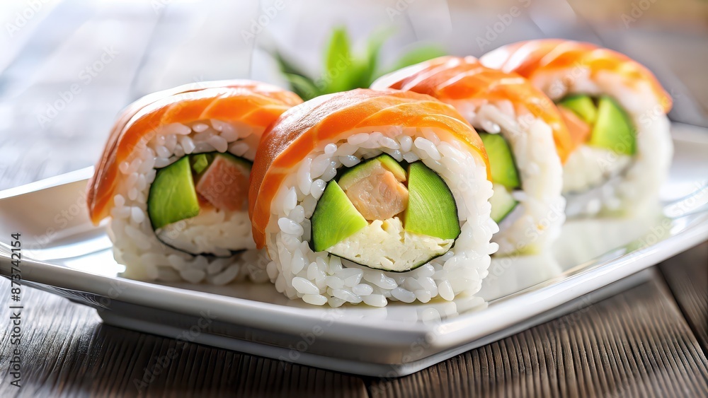 Close up of fresh salmon sushi roll with avocado and rice on a white plate , sushi, salmon, fresh, Japanese cuisine Close up of fresh salmon sushi roll with avocado and rice on a white plate , sushi, salmon, fresh, Japanese cuisine
