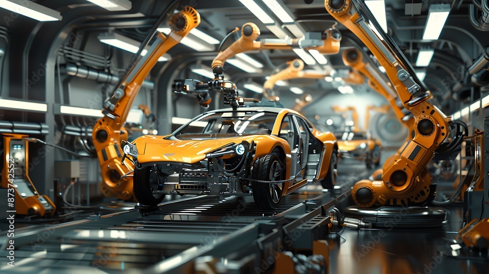 Car Factory Robots Assembling Sports Car on Production Line