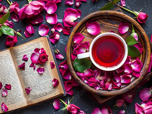 Overhead shot of a wooden tray with rose tea, rose petals scattered around, and a book, evoking a sense of relaxation and tranquility photo