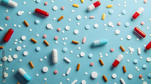 Heap of pills on blue background. 