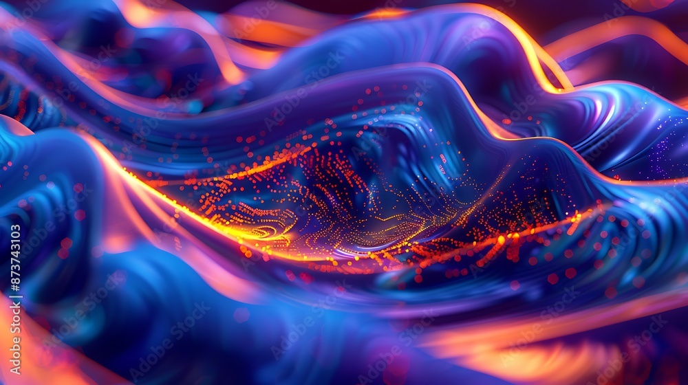 Obraz premium Abstract Blue and Orange Digital Wave Flows Seamlessly with Particles