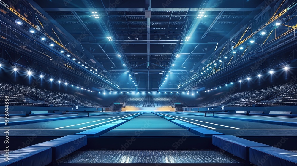 Symmetrical Gymnastics Arena: Perfectly Aligned Apparatus under Radiant Lights with Vacant Seating - Digital Illustration Symmetrical Gymnastics Arena: Perfectly Aligned Apparatus under Radiant Lights with Vacant Seating - Digital Illustration