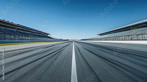 Perfect Symmetry: Empty NASCAR Racetrack Grandstands on Clear Day with Starting Line in Focus - High-Resolution Image