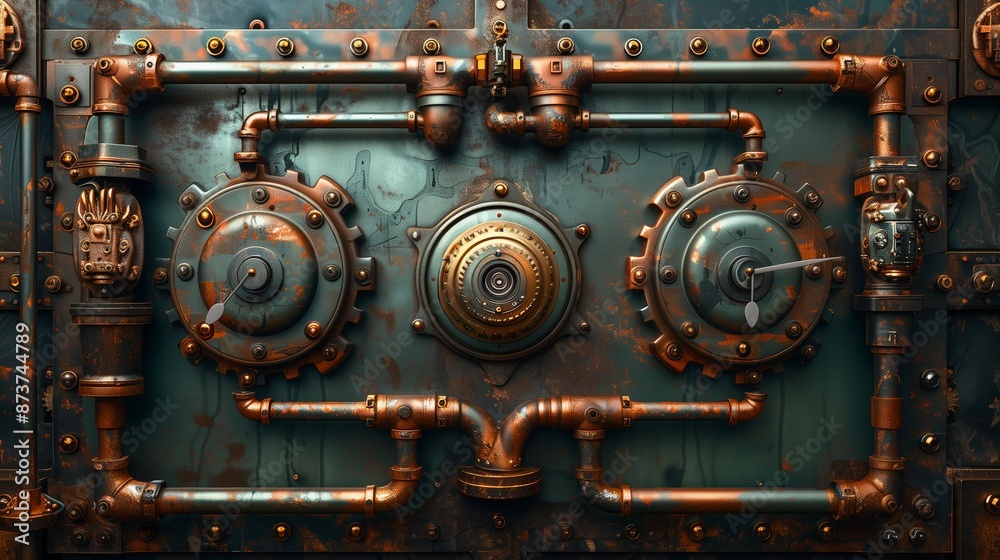 rusty, metal, rectangular frame made of pipes and gears, steampunk style rusty, metal, rectangular frame made of pipes and gears, steampunk style