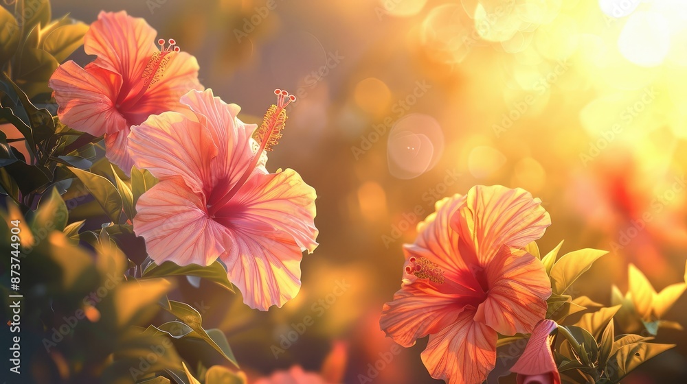 Tropical hibiscus flowers under golden sunlight