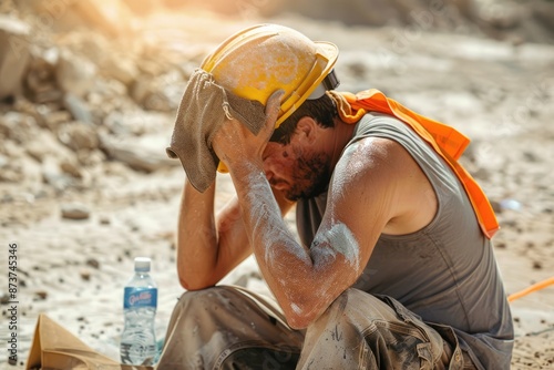 Concept o heat stroke, a construction worker sits and a hand holding a small towel to wipe his forehead , Generative AI photo