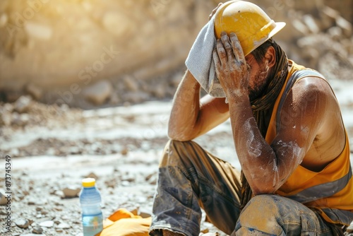 Concept o heat stroke, a construction worker sits and a hand holding a small towel to wipe his forehead , Generative AI