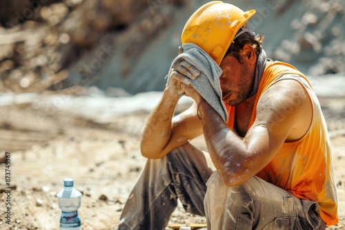 Concept o heat stroke, a construction worker sits and a hand holding a small towel to wipe his forehead , Generative AI