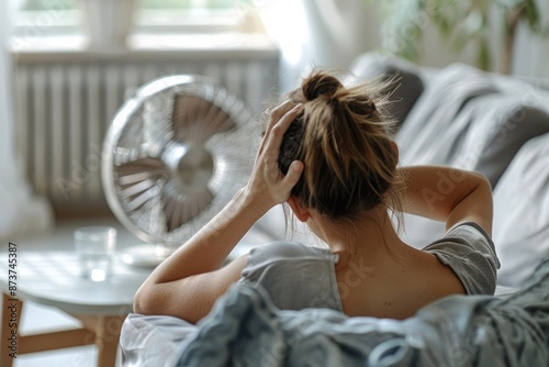 Concept of heat stroke, a people sitting on sofa with his a hand on his head , Generative AI