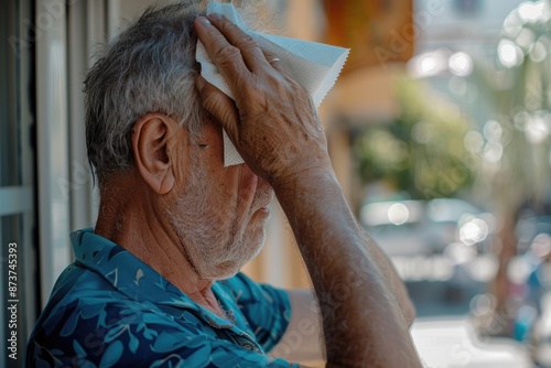 Concept of heat stroke , a people hand holding a tissue to wipe forehead, Generative AI