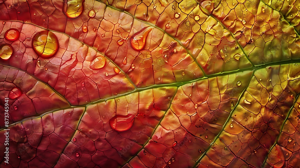Fototapeta premium Macro Shot of Colorful Autumn Leaves with Intricate Textures, Nature's Beauty in Detail