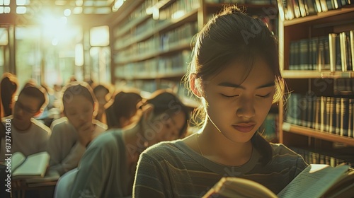 Diverse Student Body Engrossed in Quiet Study at Nostalgic Library Setting with Muted Afternoon Sunlight photo