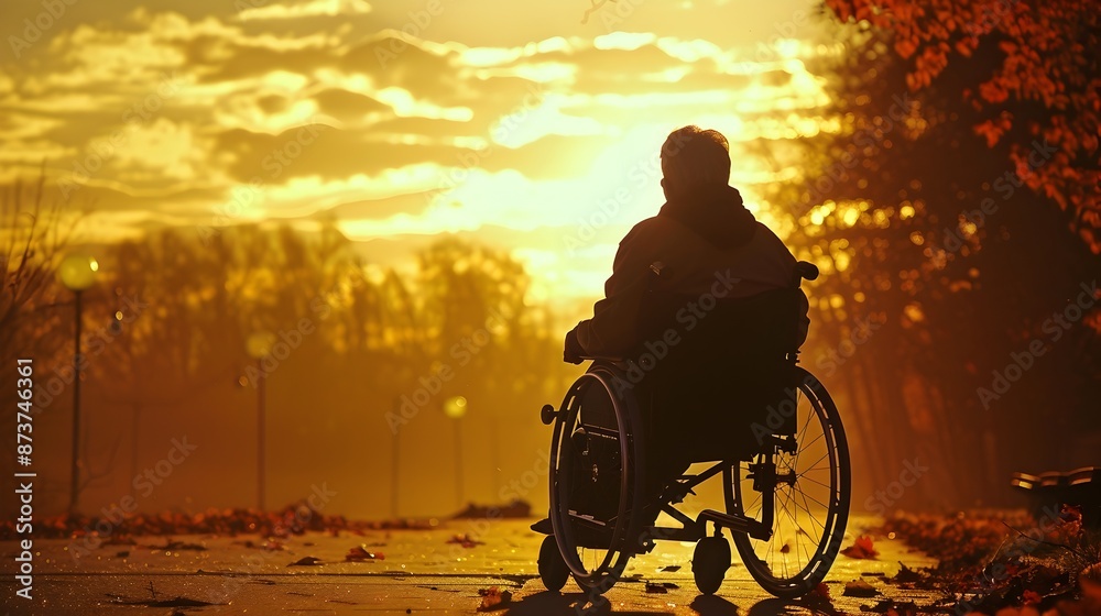 Obraz premium Silhouetted Disabled Person Contemplating in Nature s Embrace at Sunset