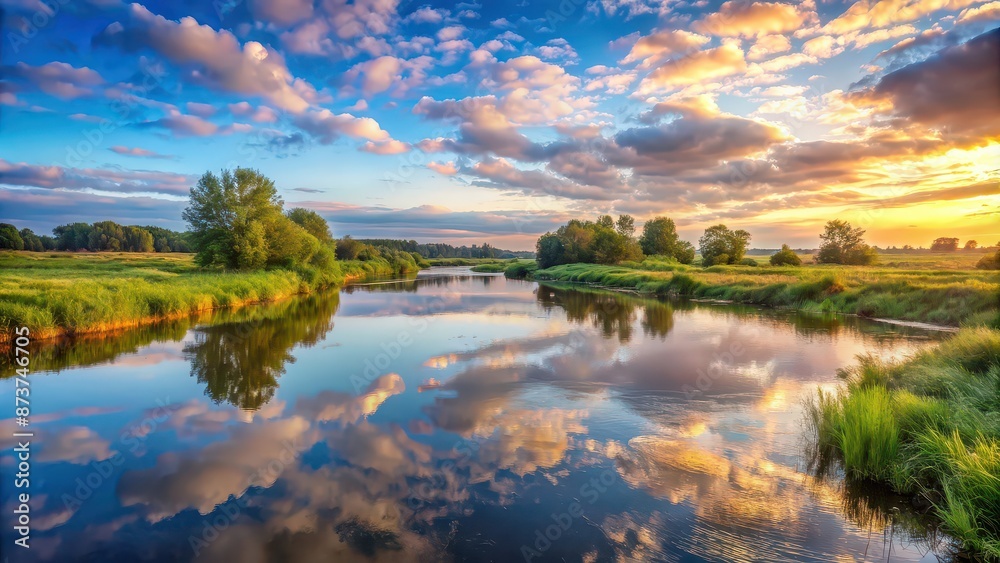 Summer river landscape at dawn with distant forest and blue sky with clouds in light tones, summer, landscape, river Summer river landscape at dawn with distant forest and blue sky with clouds in light tones, summer, landscape, river