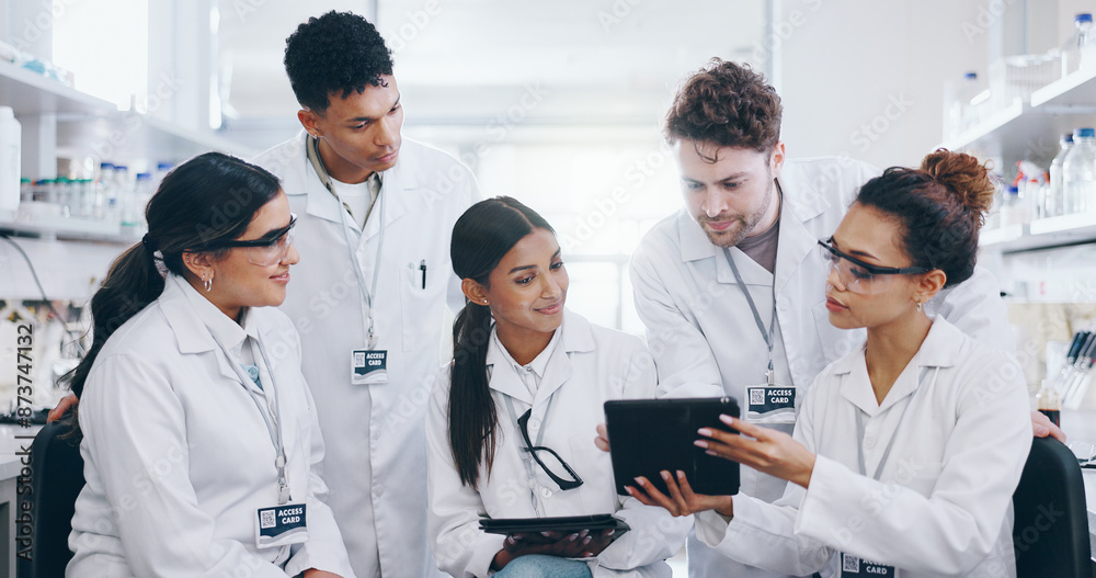Fototapeta premium Tablet, science and group of people for learning, cancer cure or medical development in laboratory. Training, investigation and research with scientist team in clinical trial for medicine internship