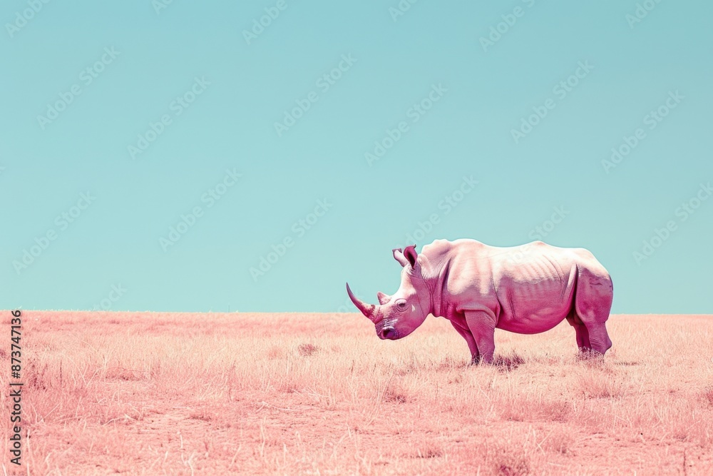 Obraz premium Rhinoceros grazing in pastel-toned dry grassland with clear sky