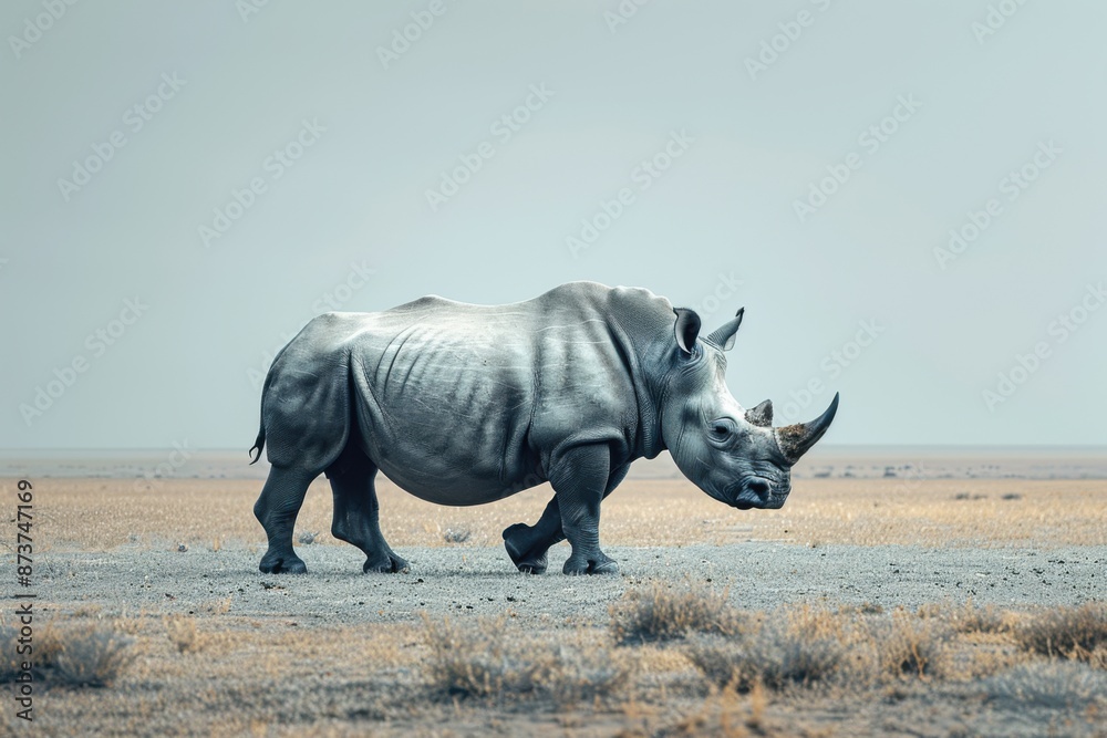 Fototapeta premium Profile of a rhino walking across an arid plain under a clear sky