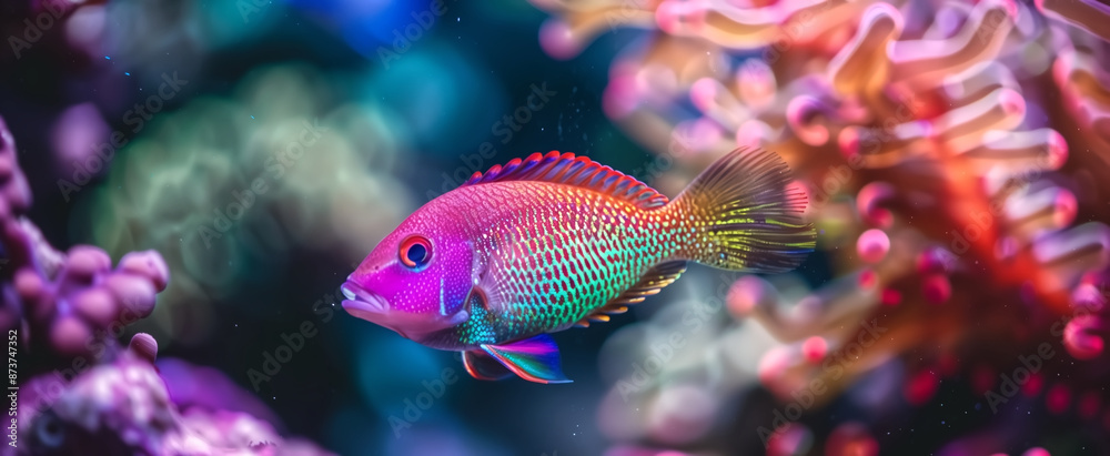 close up of glowing aquarium fish in tank water under fluorescen close up of glowing aquarium fish in tank water under fluorescen