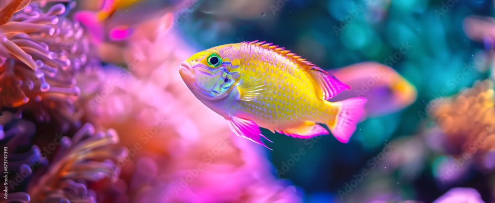 close up of glowing aquarium fish in tank water under fluorescen close up of glowing aquarium fish in tank water under fluorescen