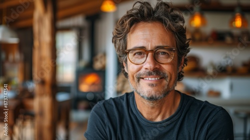 Portrait of a handsome middle-aged man with glasses in a cozy kitchen.