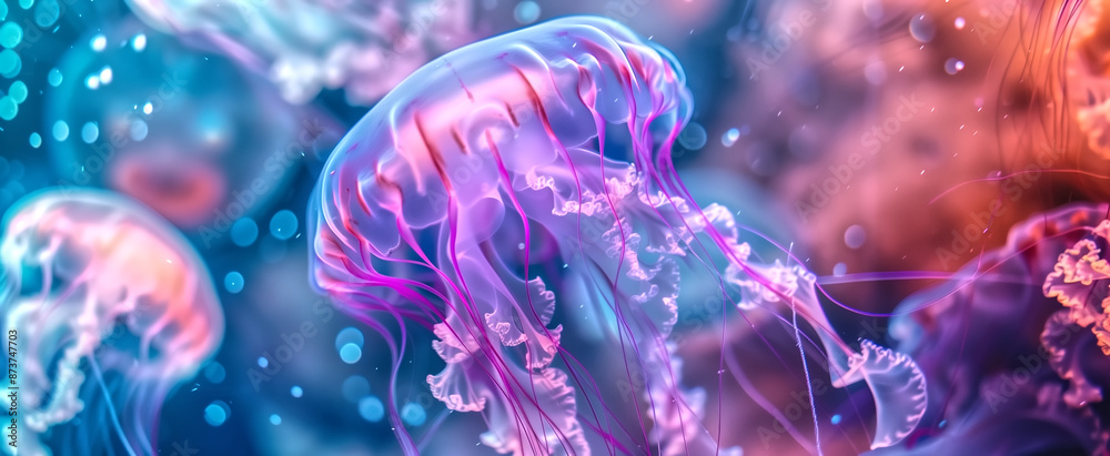 Obraz premium close up of glowing jelly fish in water under fluorescence light