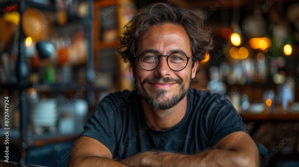 handsome man with eyeglasses sitting at bar counter handsome man with eyeglasses sitting at bar counter