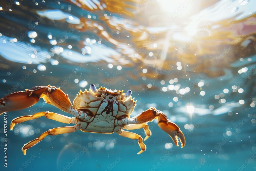 Vivid underwater image capturing a crab gracefully swimming near the ocean's surface Vivid underwater image capturing a crab gracefully swimming near the ocean's surface