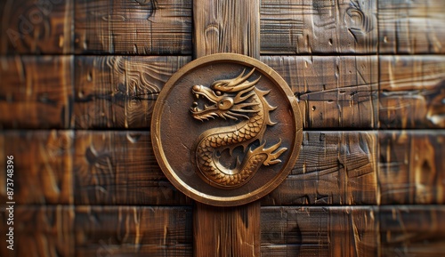Carved Wooden Dragon on Circular Plaque Attached to Rustic Wooden Wall